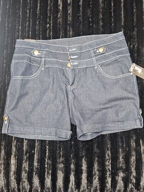 Women's Dark Blue Denim Shorts with Button Trim